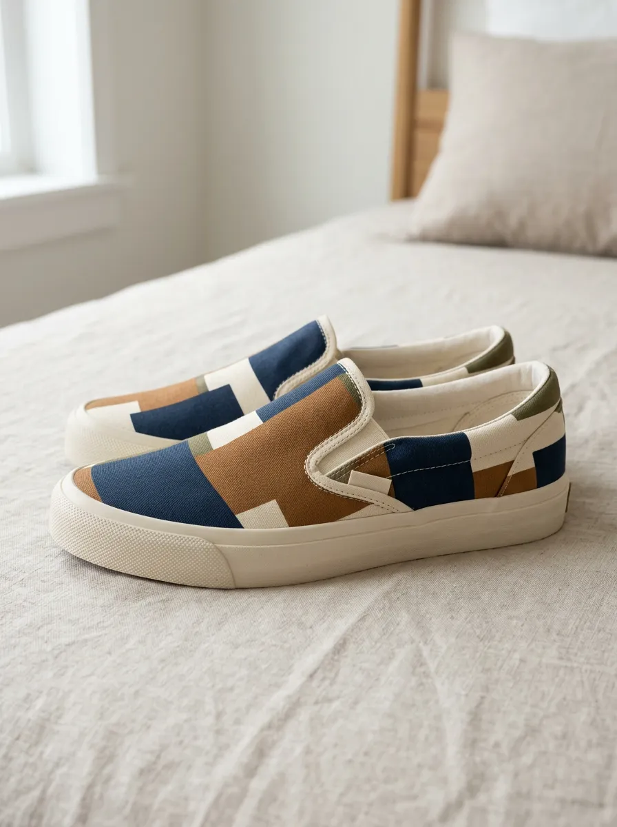 Men's Geometric Color Block Pattern Printed Canvas Slip-on Shoes