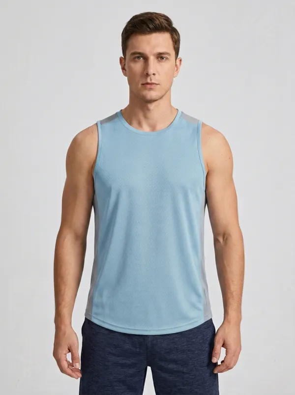 Men's Sport Fitness Grey Blue Colorblock Quick-Dry Tank Top