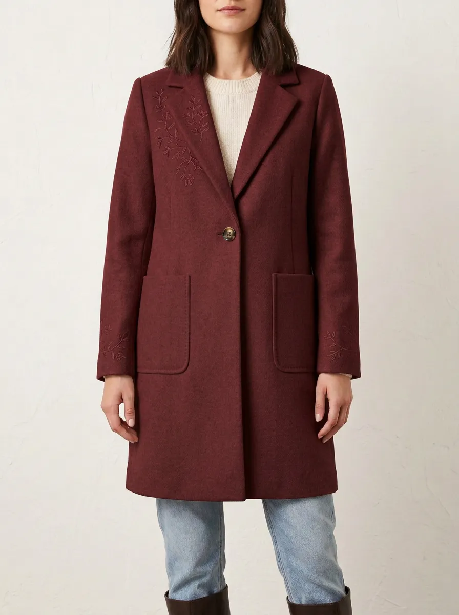 Women's Beige Floral Botanical Embroidered Coat