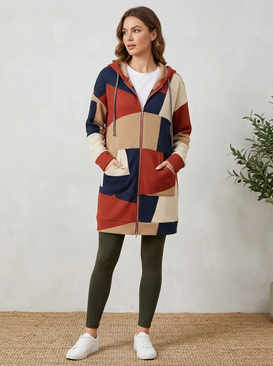 Women's Colorblock Waffle Knit Hooded Zip-up Cardigan