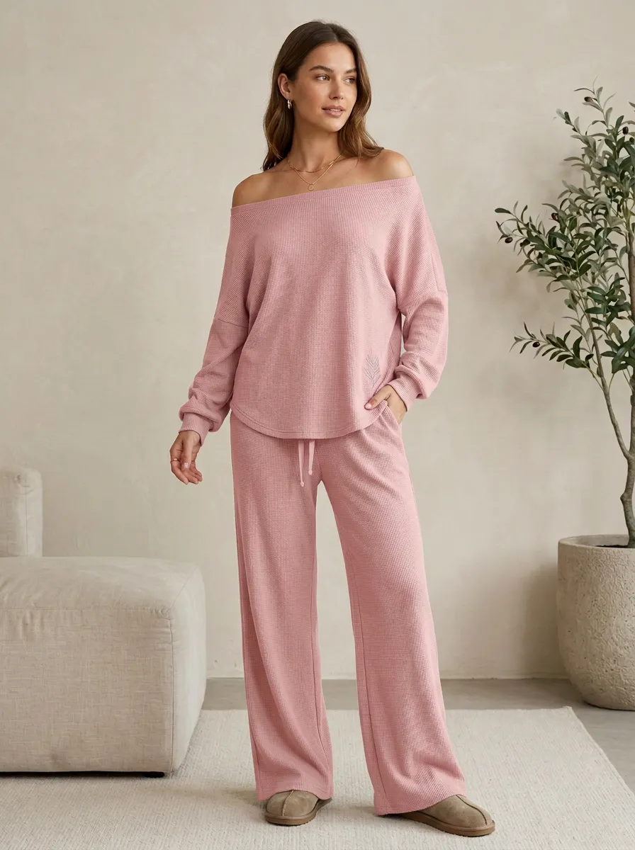 Women's Sage Green Curved-Hem Waffle Knit Off-Shoulder Loungewear Set