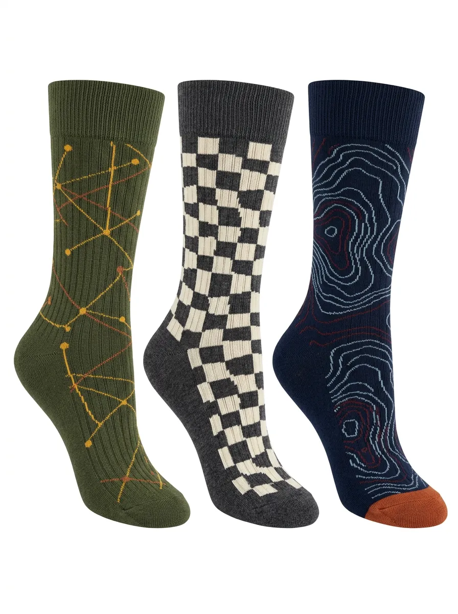 Men's Geometric Checkerboard Topographic Printed Three Pack Socks
