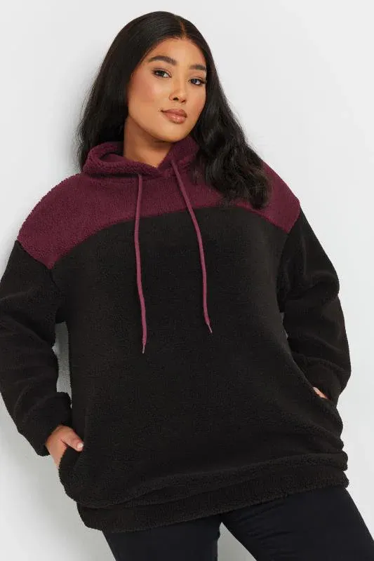 Black & Burgundy Red Colourblock Teddy Fleece Hoodie