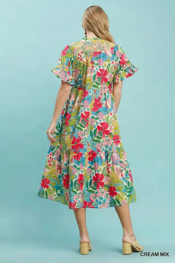 Tropical Print Ruffle Sleeve Tiered Pocketed Midi Dress