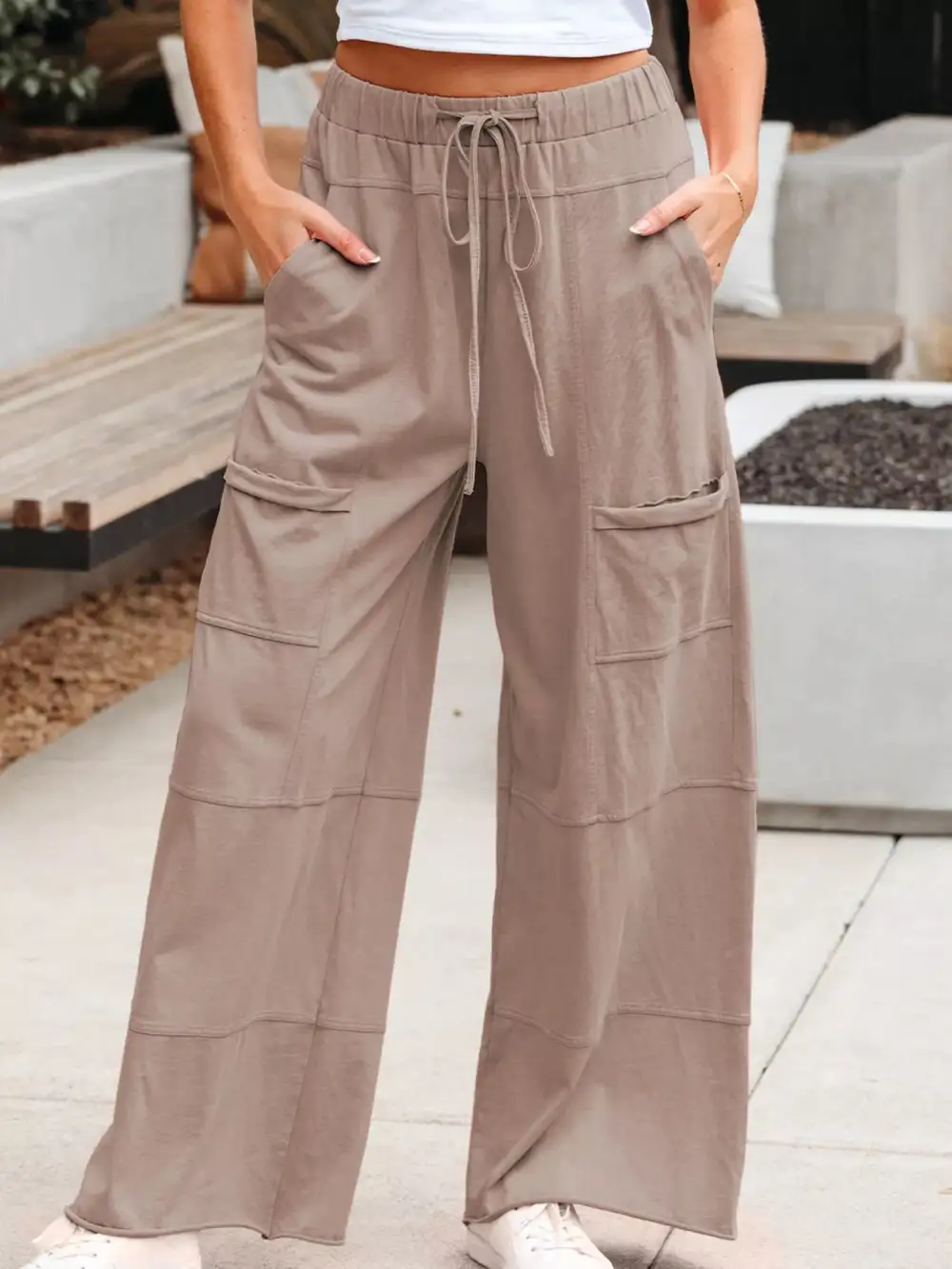 Wide Leg Drawstring Elastic Waist Mineral Wash Cargo Pants
