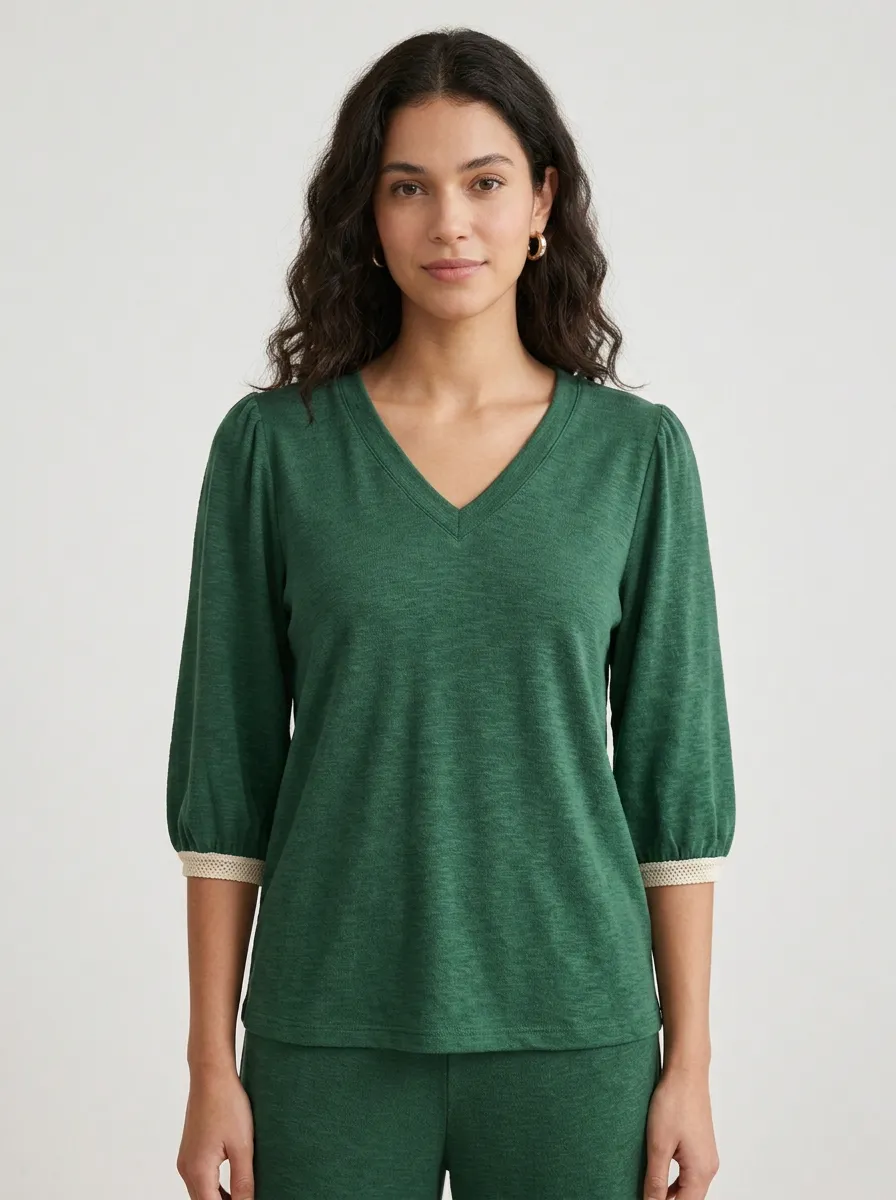 Short-Sleeve Trimmed Puff-Sleeve Women's V-Neck Casual Lounge Set