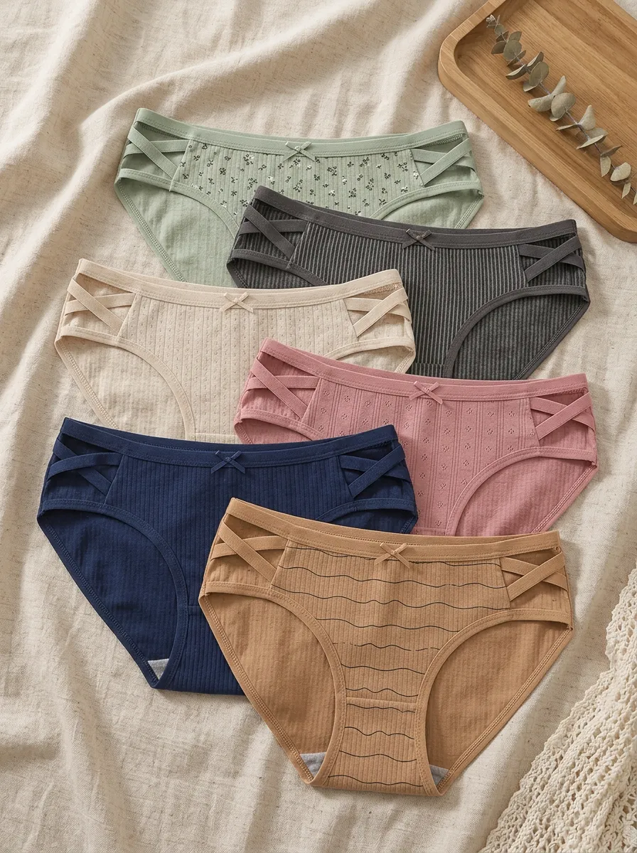 Women's Ribbed Crisscross Bowknot Printed 6-Pack Panties