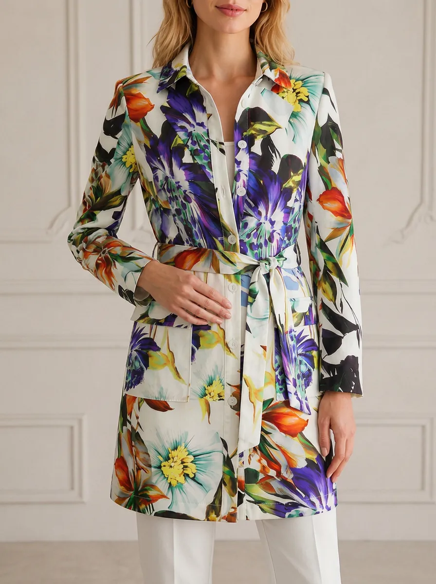 Women's Floral Botanical Art Printed Belted Jacket