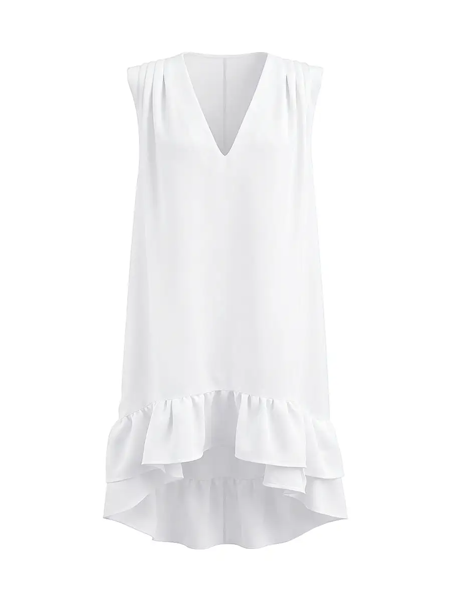 High Low Relaxed Pleated Ruffle Solid Color Deep V Neck Mini