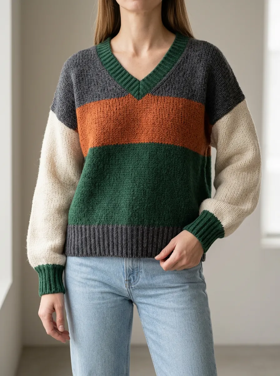 Easygoing V Neck Knit with Colorblock and Soft Knit Texture