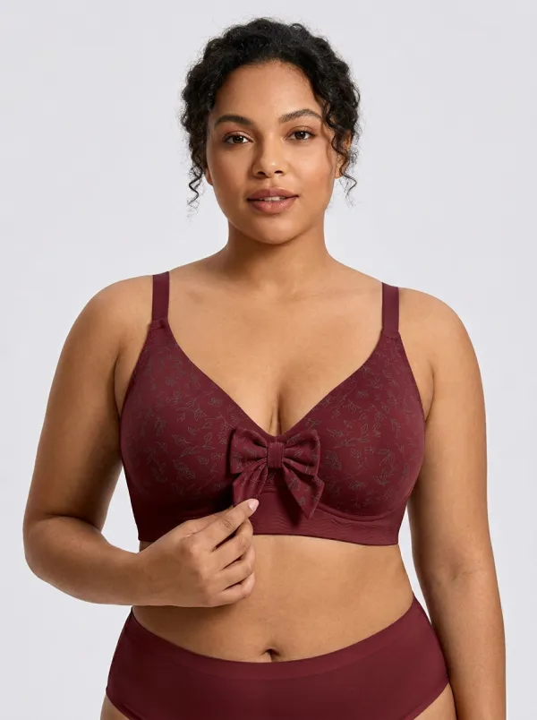 Women's Plus Size Beige Botanical Floral Bow-Detail Wireless Bralette