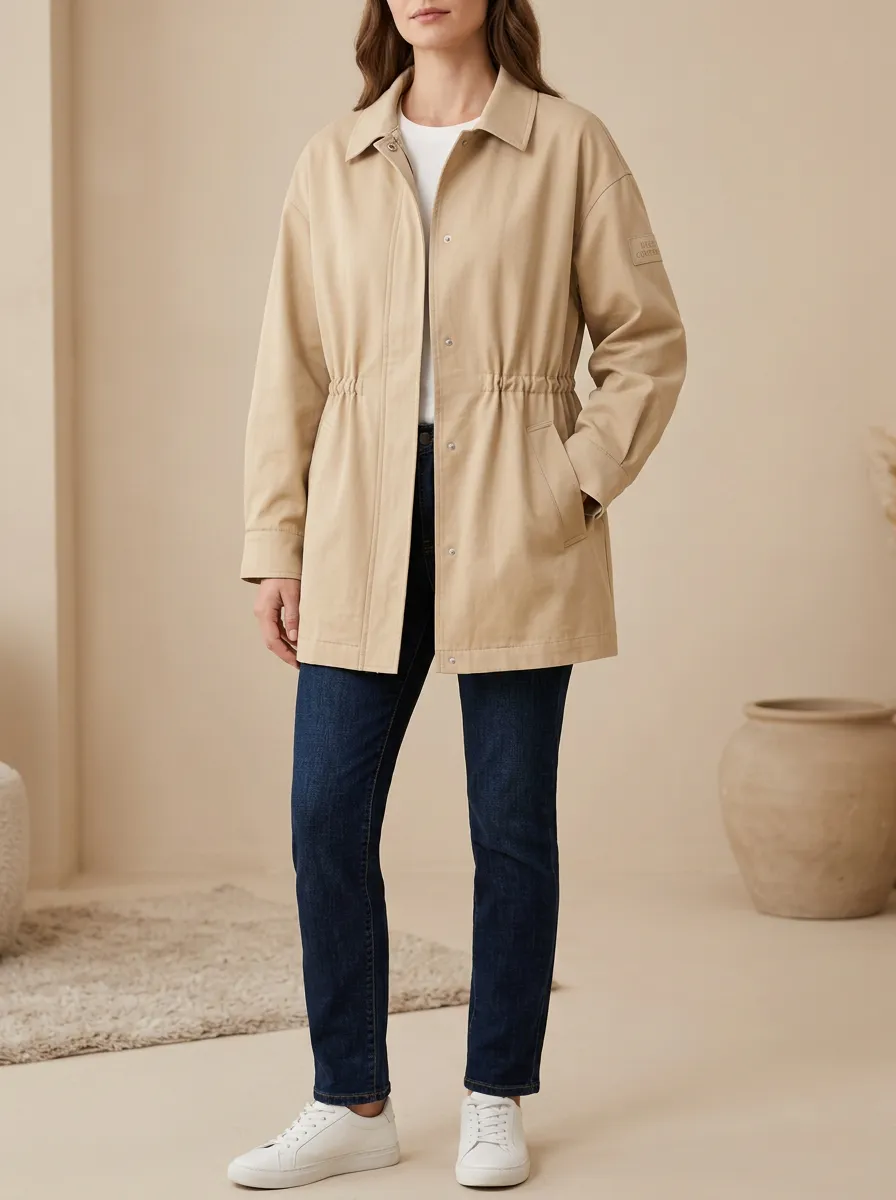 Side Pockets Drawstring Waist Printed Jacket