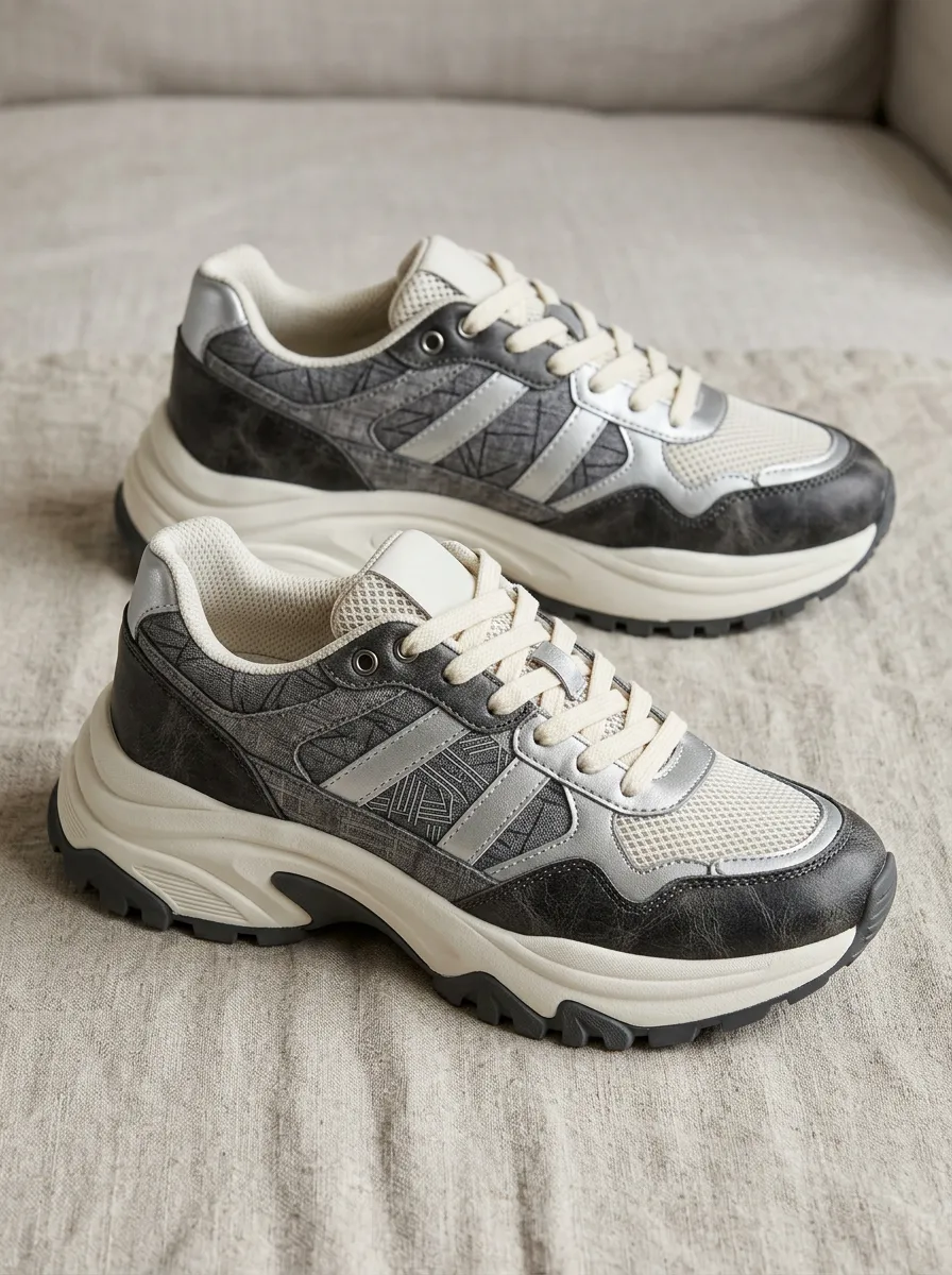 Women's Geometric Pattern Grey Silver Printed Chunky Sneakers