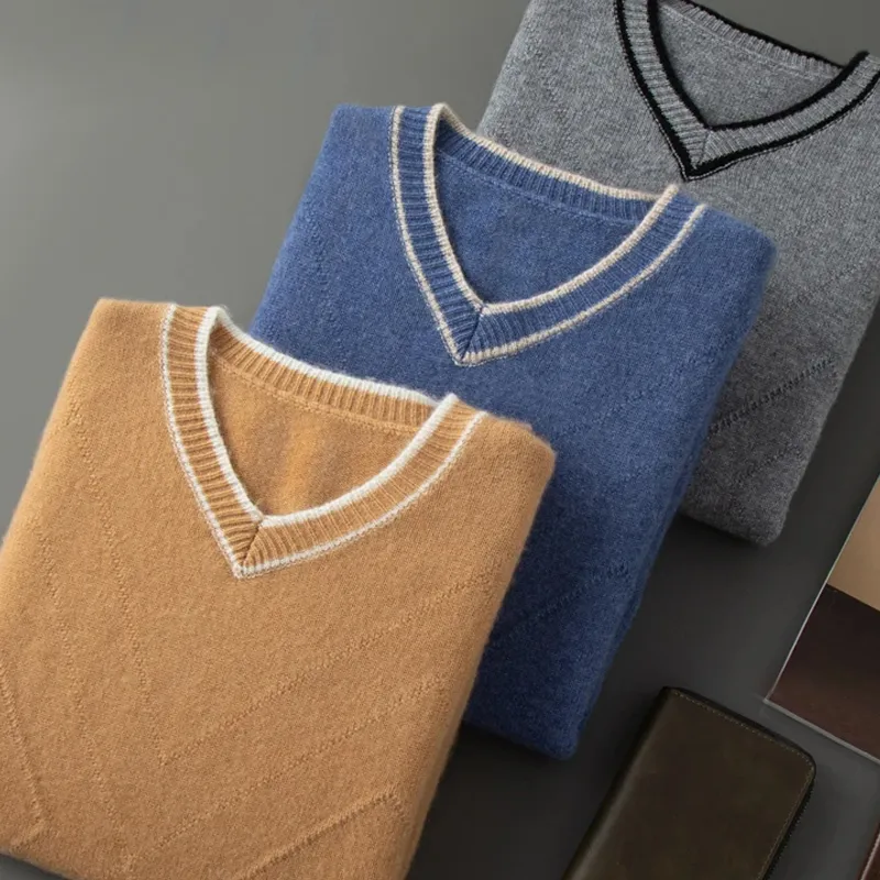Cashmere V-Neck Geometric Thick Knit Men's Sweater