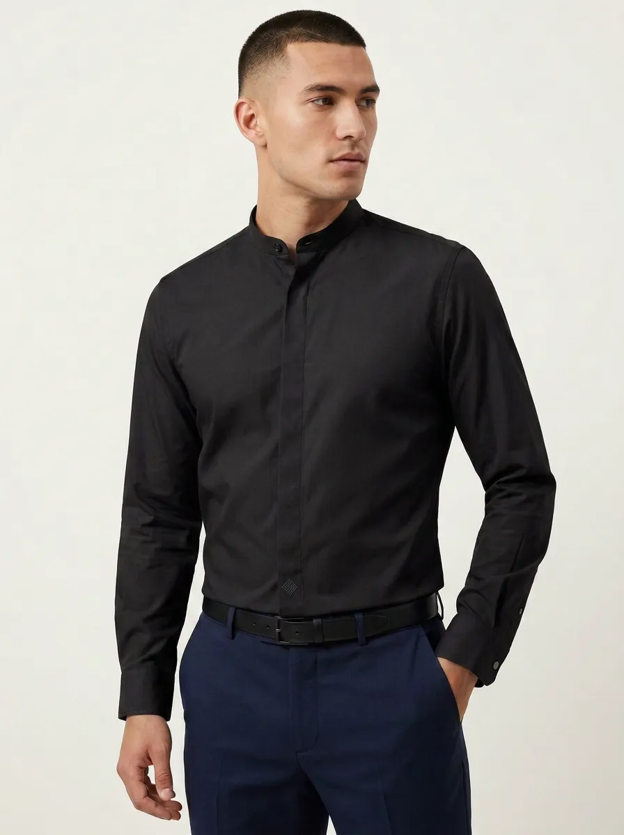 Men's Non-Iron Cotton Mandarin Collar Long Sleeve Shirt