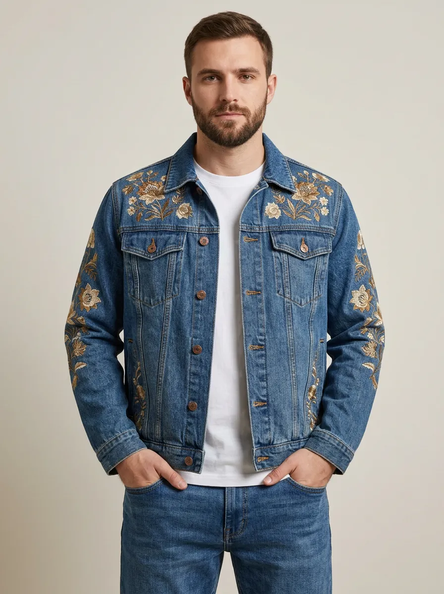 Men's Floral Printed Embroidered Denim Jacket