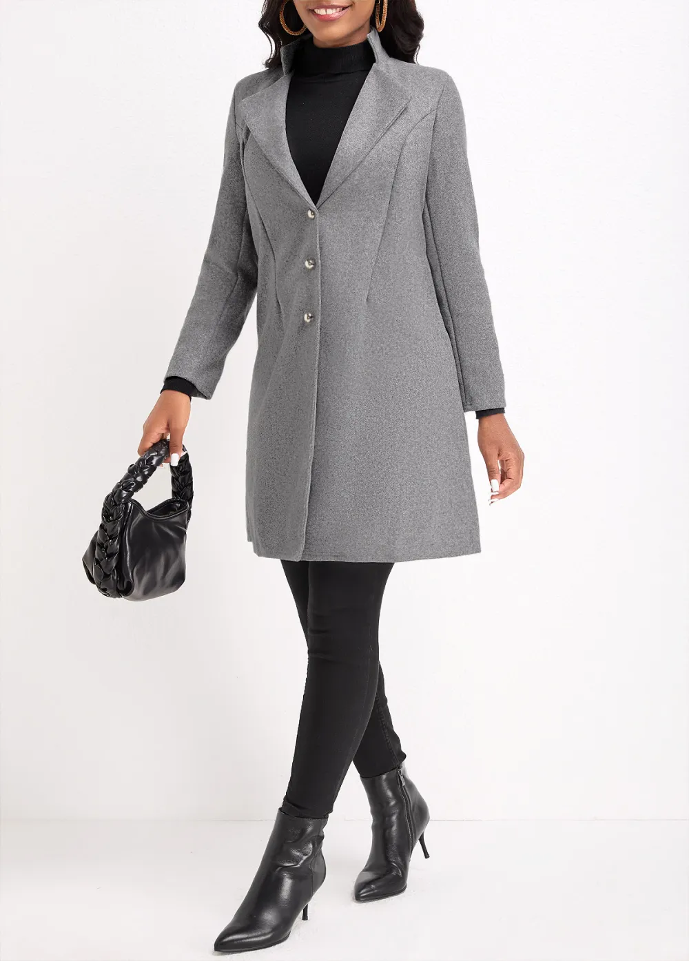 Grey Button Long Sleeve Lapel Coat