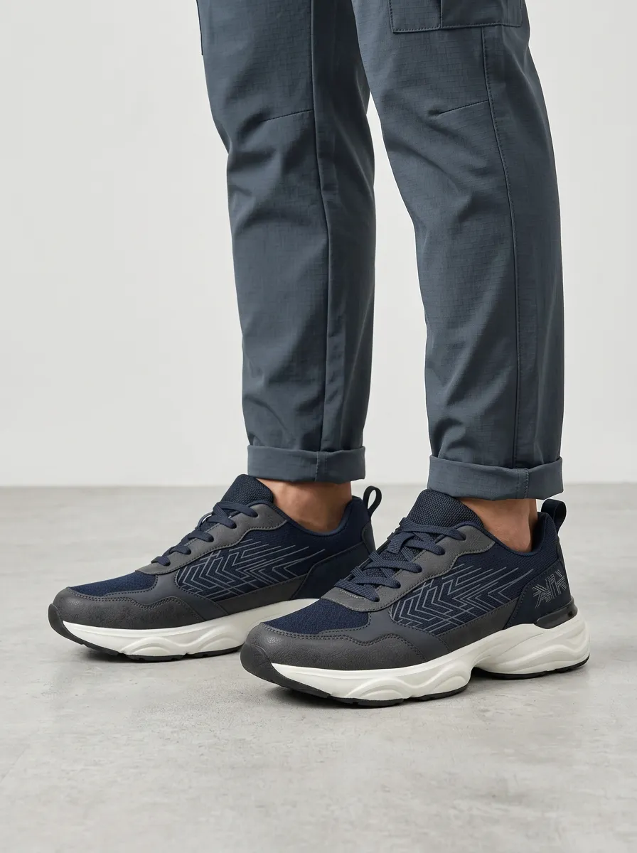 Men's Navy and Charcoal Paneled Low-Top Sneakers