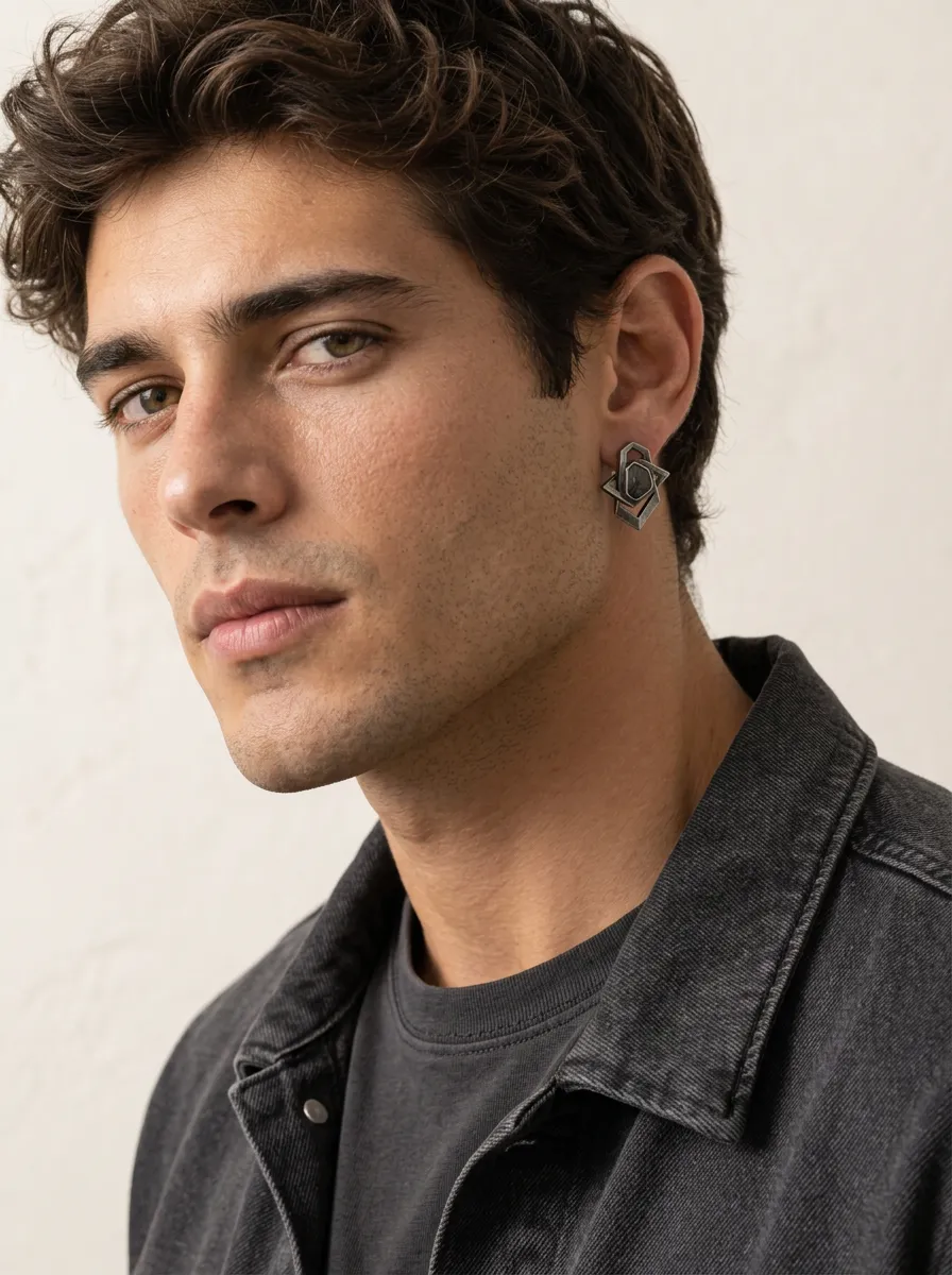 Men's Geometric Hexagon Stud Earrings