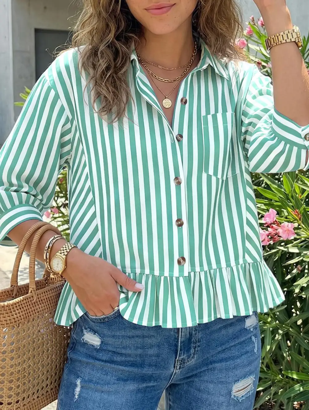 Stripe Button Three Quarter Sleeve Shirt