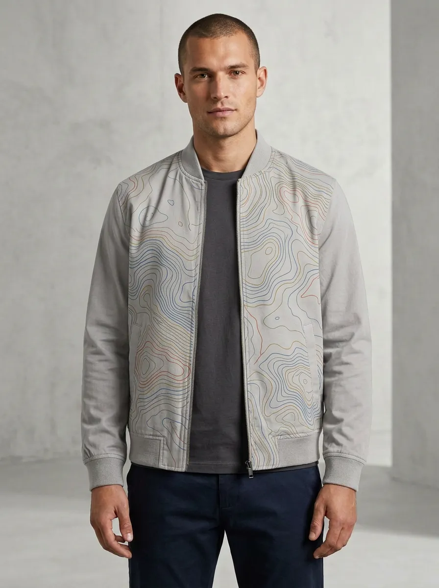 Men's Outdoor Explorer Topographic Map Printed Bomber Jacket