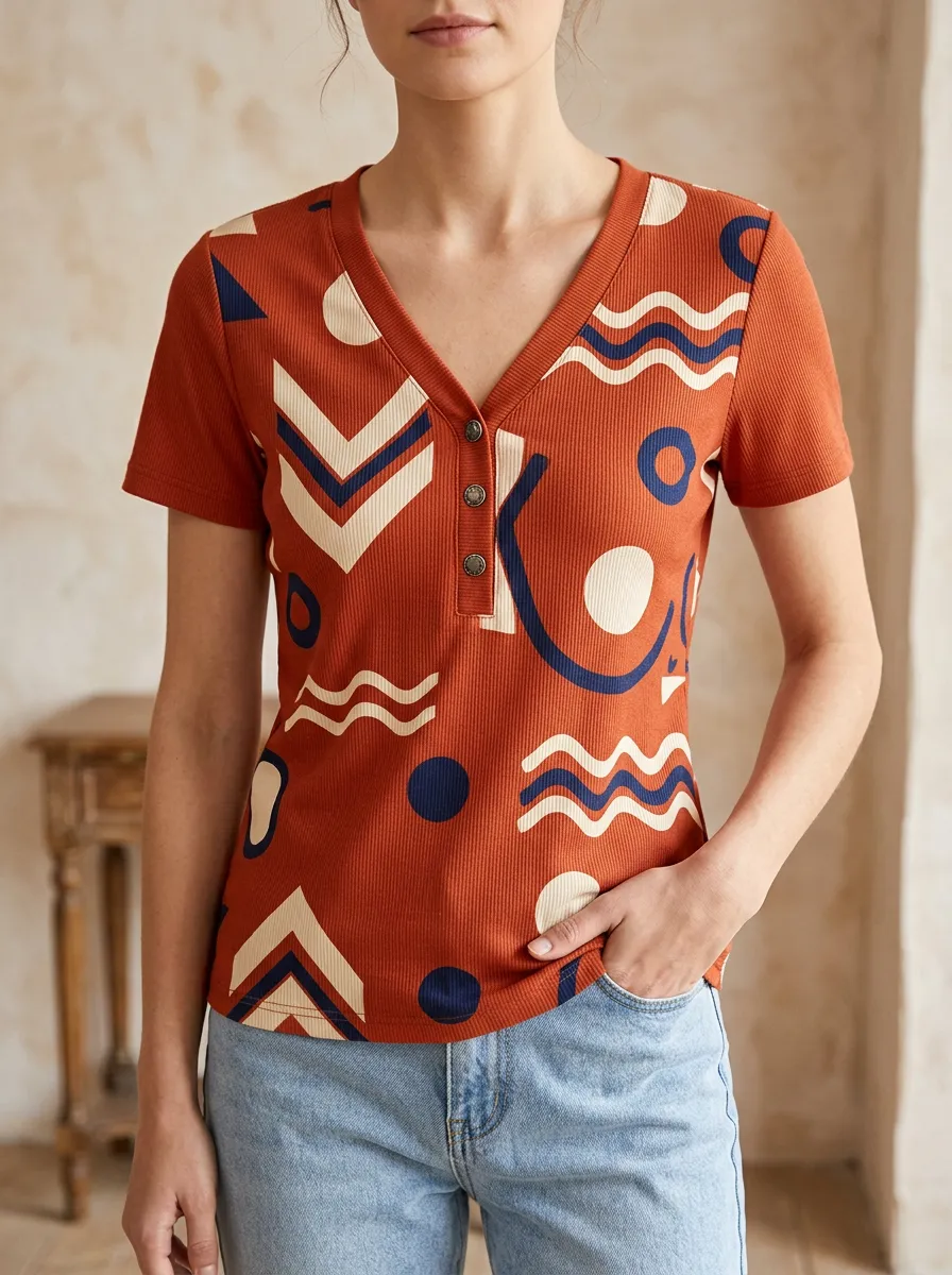 Women's Geometric Abstract Pattern Printed Ribbed Henley Top