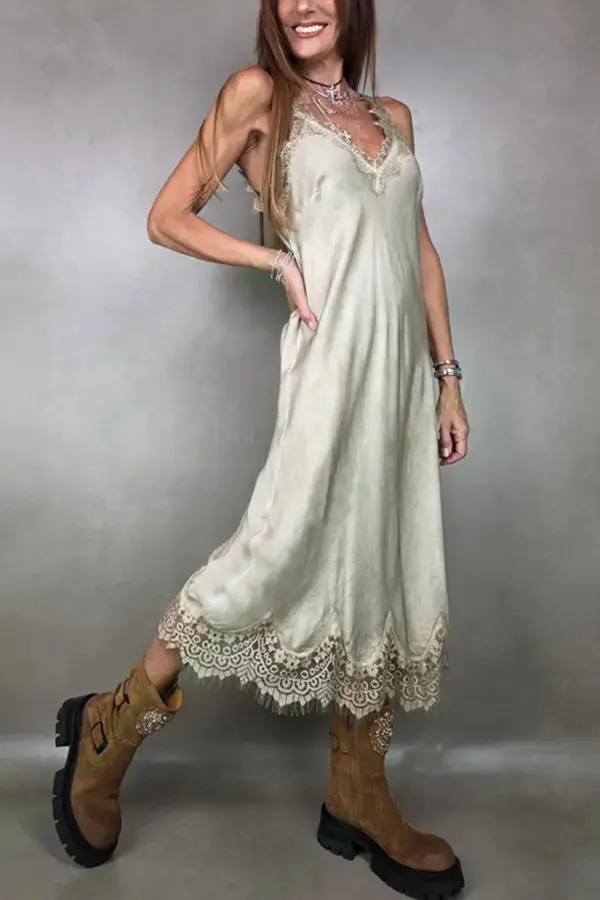 Fashion Lace Trimmed Spaghetti Strap Casual Midi Dress
