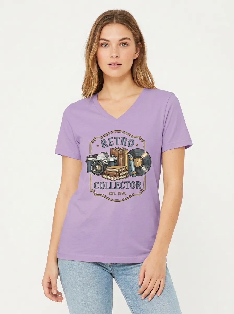 Women's Retro Collector Camera Books Vinyl Printed V-neck T-shirt