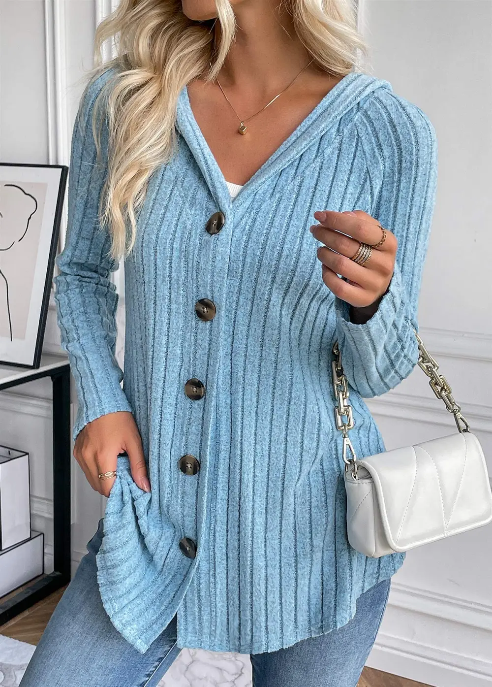 Dusty Blue Button Long Sleeve Hooded Coat
