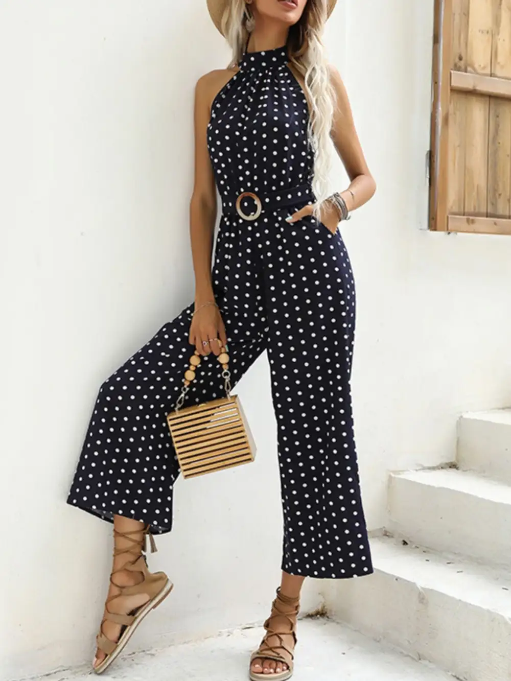 Polka Dot Halter Neck Wide Leg Jumpsuit