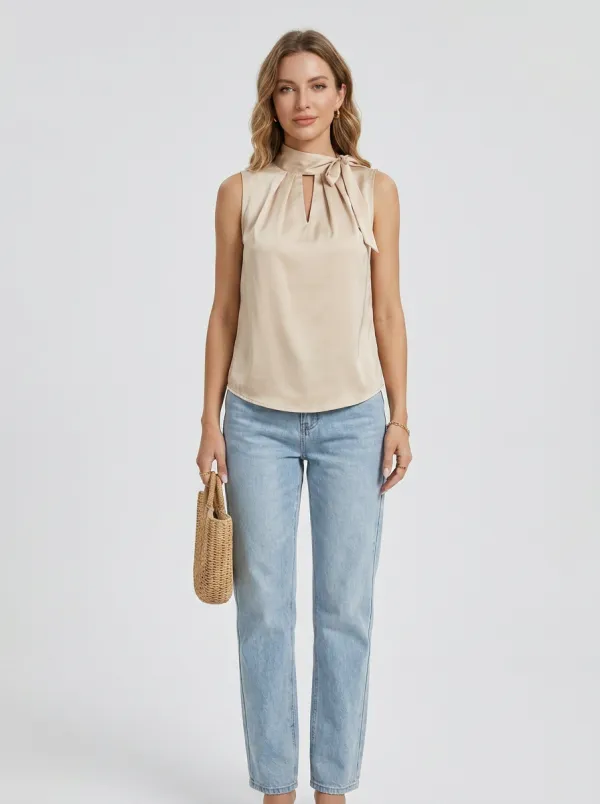Satin Mock Neck Tie-Front Sleeveless Top