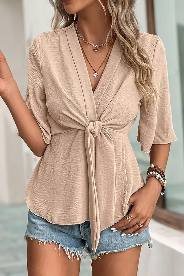 Color V Neck Knot Front Casual Tops