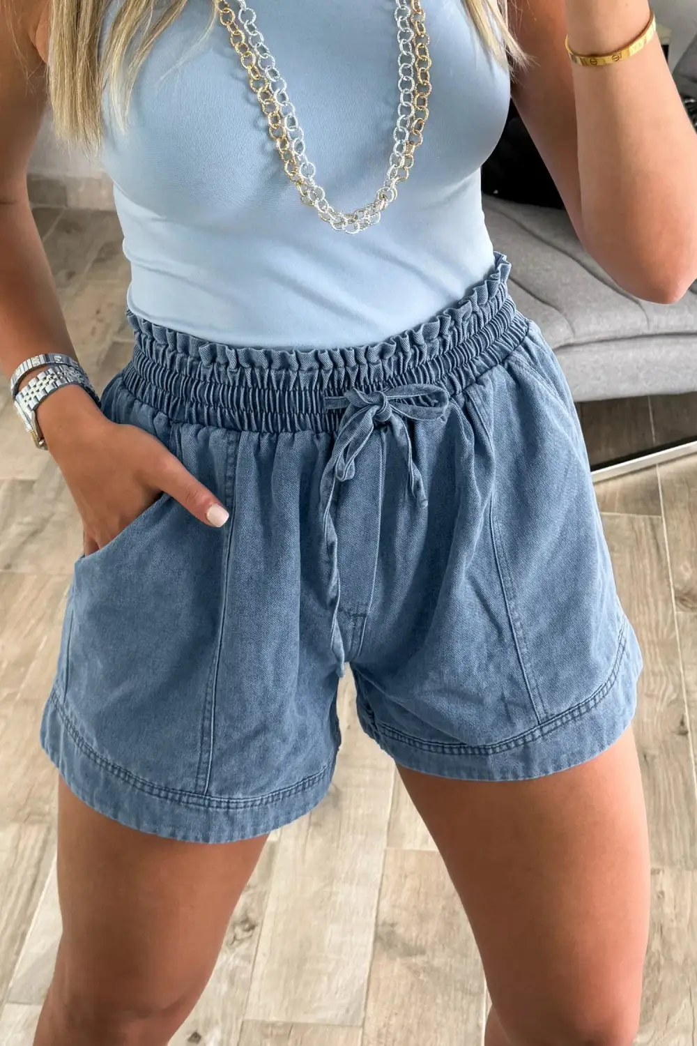 Smocked Elastic Waist Denim Shorts