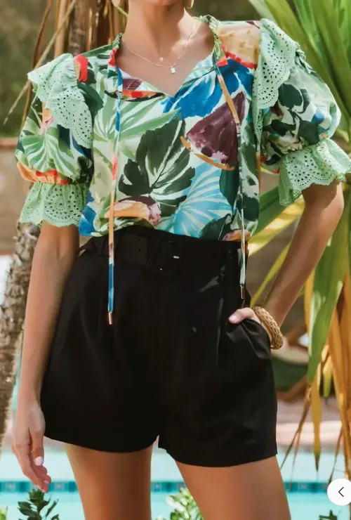 Tropical Print Layered Ruffle Blouse