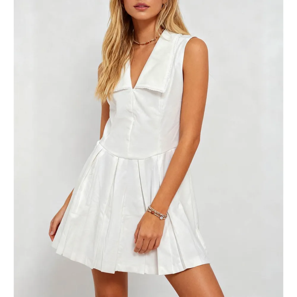 Sailor Collar Lace Trim Solid Color Pleated Mini Dress