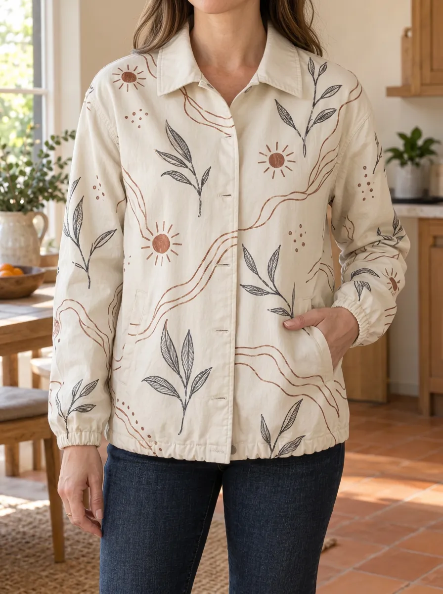 Women's Relaxed Boho Sun and Leaf Checkerboard Jacket