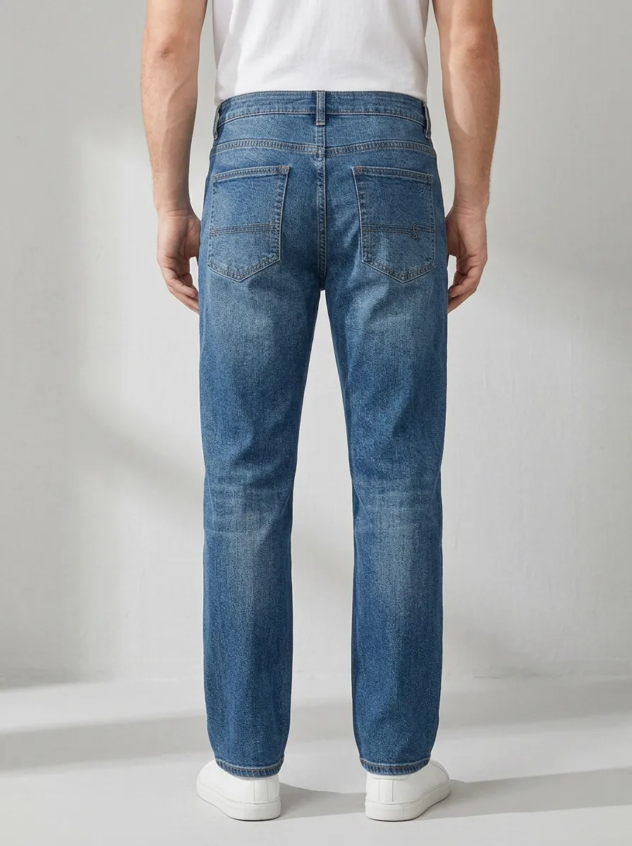 Men's Casual Vintage Wash Blue Printed Straight Leg Jeans