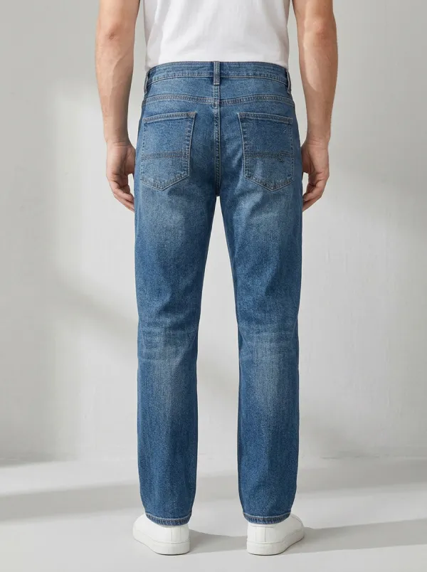 Men's Casual Vintage Wash Blue Printed Straight Leg Jeans