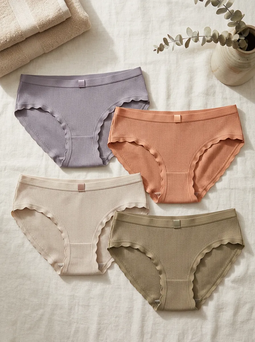 Women's Ribbed Scalloped Edge Solid Color Briefs Set