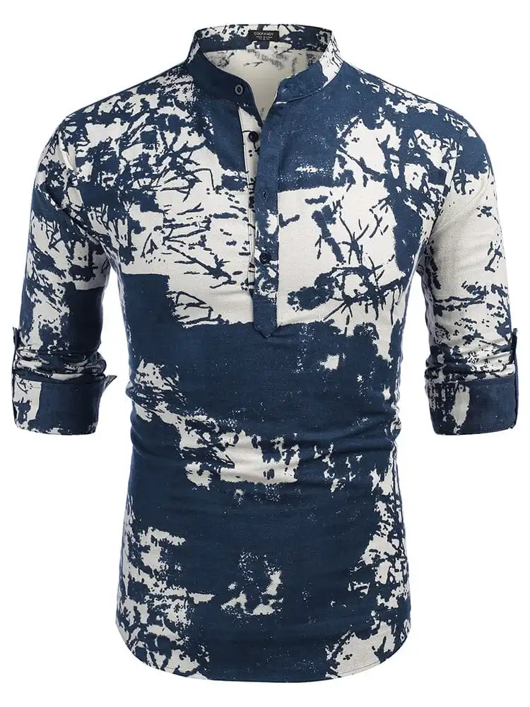 Cotton Linen Printed Henley Shirt
