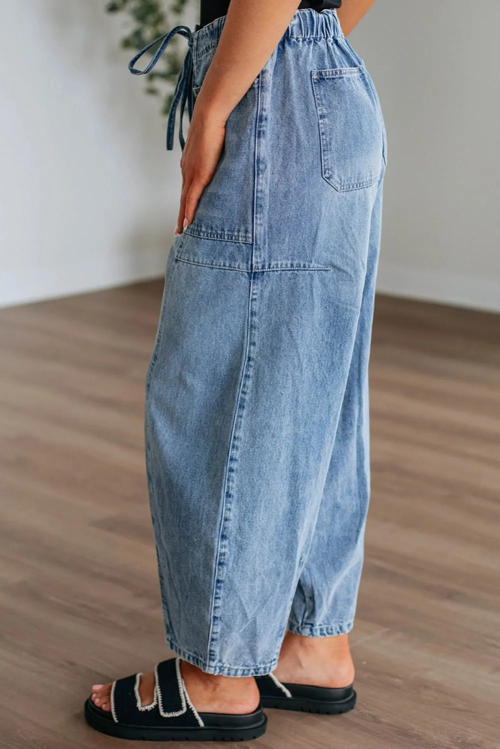 Paperbag Waist Drawstring Barrel Leg Patch Pocket Casual Jeans