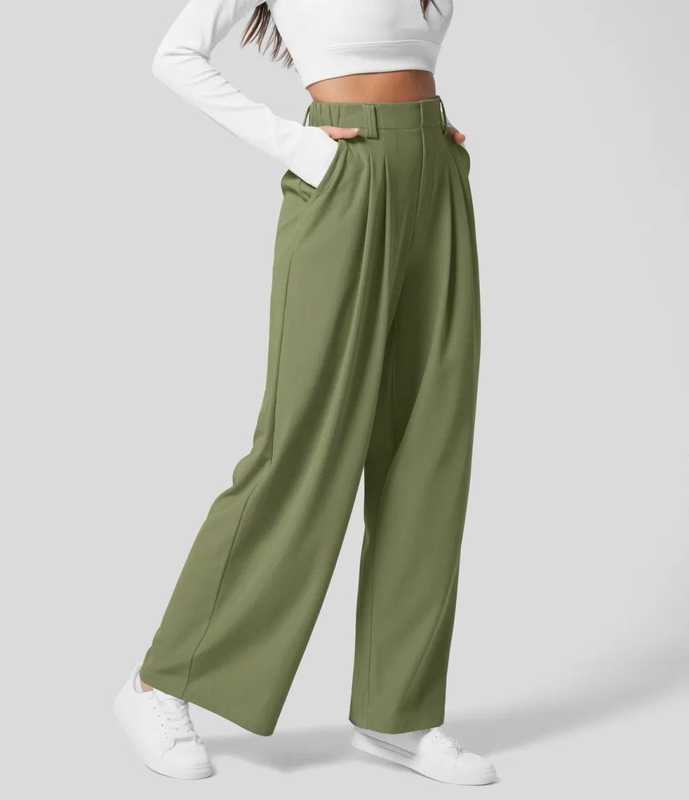 2026🔥  High Waisted Plicated Side Pocket Wide Leg Waffle Work Pants