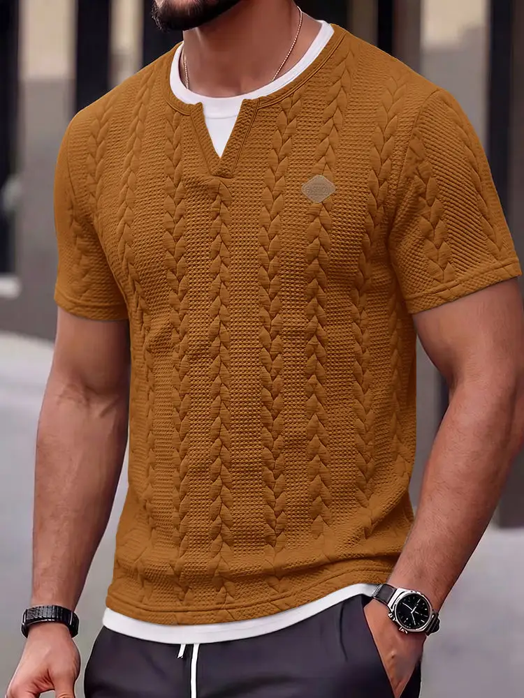 Cable Knit Faux Two-Piece Short Sleeve T-Shirt Two Set