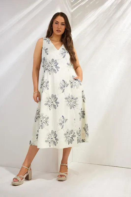 Cream Embroidered Floral Linen Midi Dress