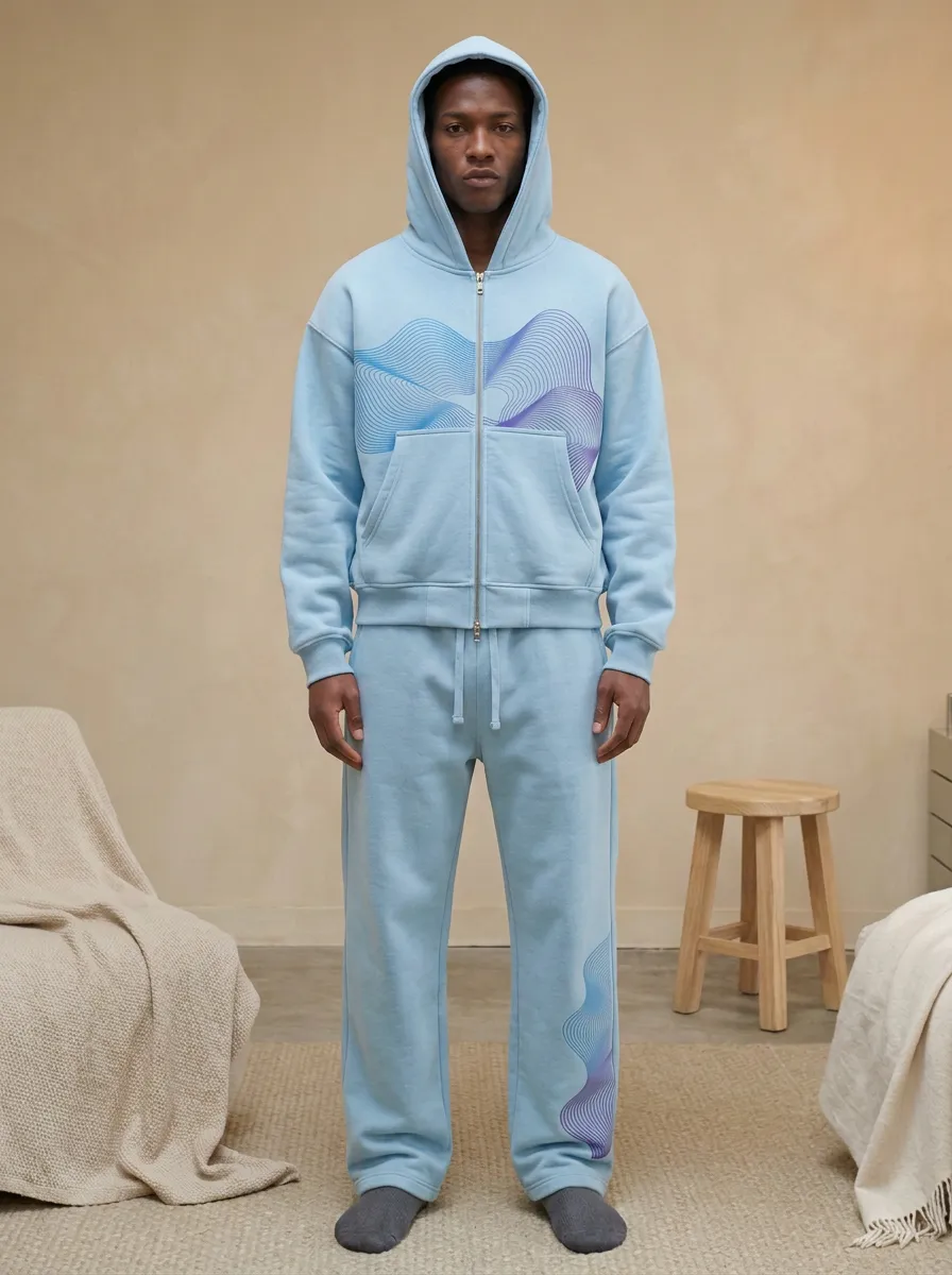 Men's Abstract Wave Graphic Printed Hoodie Sweatpants Set