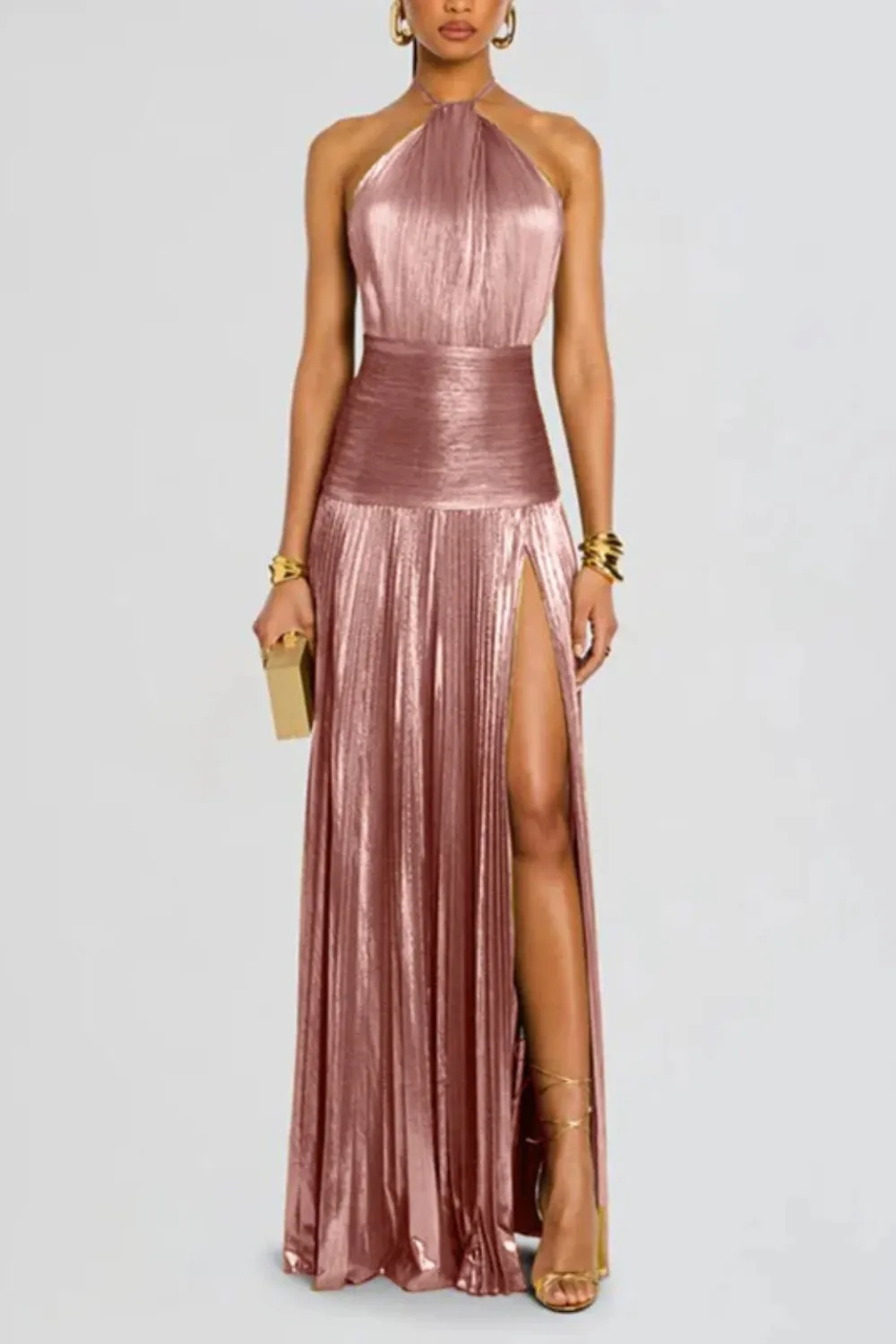  Halter Neck Pleated Satin Maxi Dress