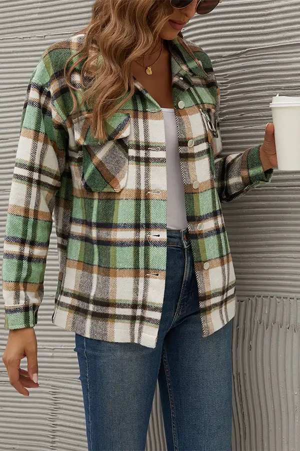 Casual Lapel  Button Plaid Pocket Coat