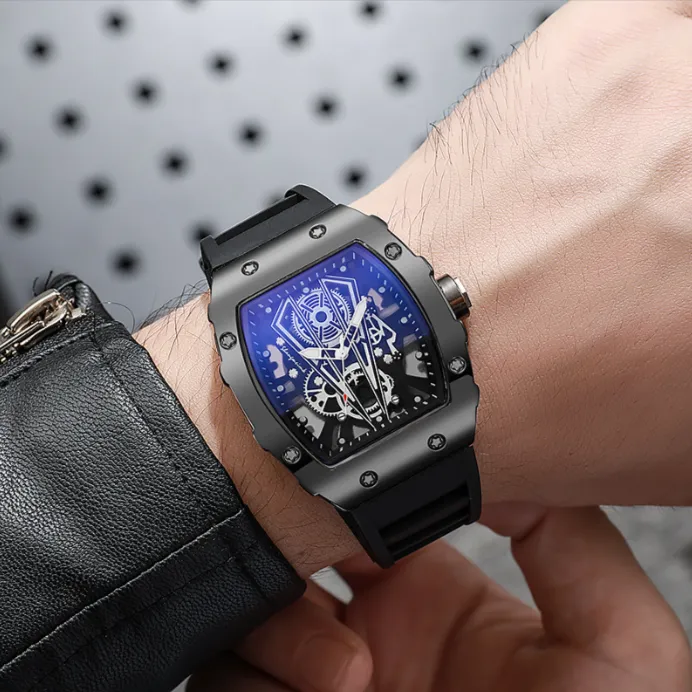 Barrel Shape Men's Quartz Watch, Silicone Strap Business Calendar Sports Wrist Watch
