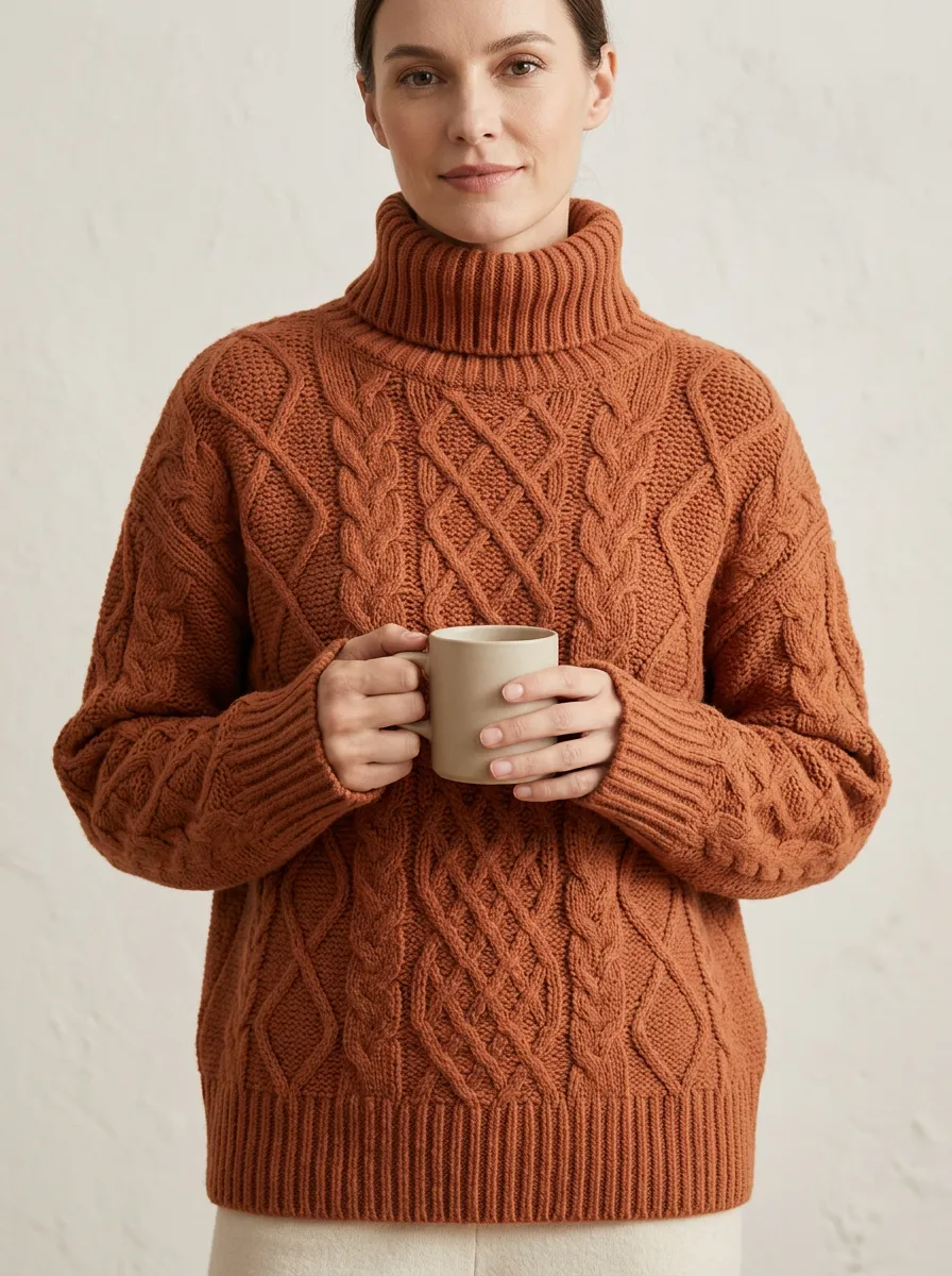 Women's Autumn Casual Rust Orange Cable Knit Turtleneck Sweater