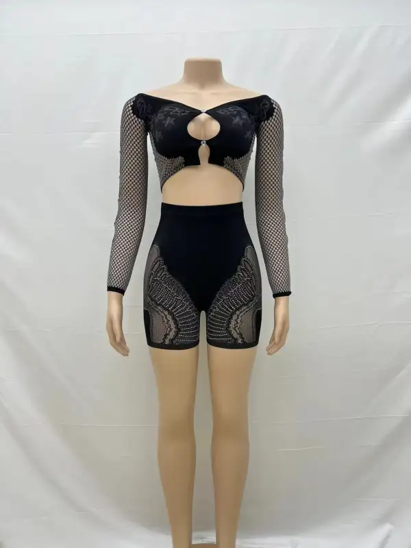 Off-Shoulder Mesh Two Piece Set with Cutouts and Lace Details